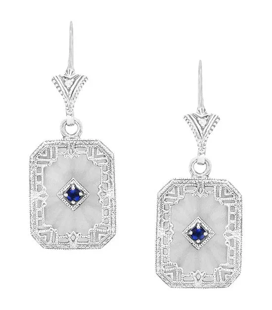 Art Deco Filigree Sapphire, Diamond and Sun Ray Crystal Dangling Earrings in Sterling Silver