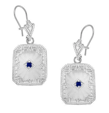 Art Deco Filigree Sapphire, Diamond and Sun Ray Crystal Dangling Earrings in Sterling Silver