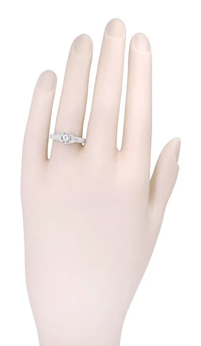 Art Deco Filigree Wheat and Scrolls Diamond Engraved Engagement Ring in 14 Karat White Gold
