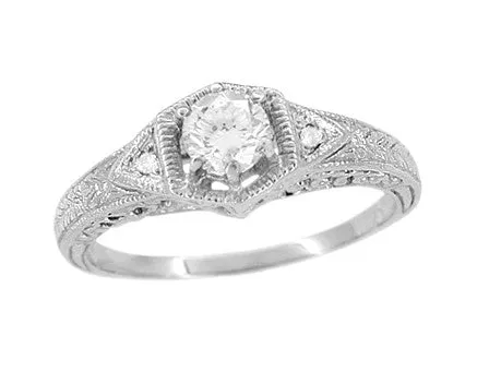 Art Deco Filigree Wheat and Scrolls Diamond Engraved Engagement Ring in 14 Karat White Gold