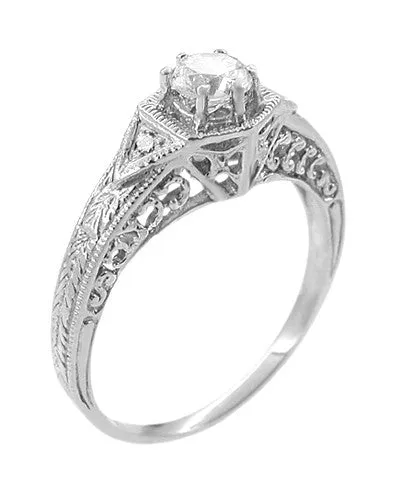 Art Deco Filigree Wheat and Scrolls Diamond Engraved Engagement Ring in 14 Karat White Gold