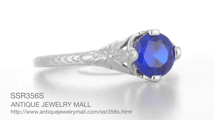 Art Deco Floral Filigree Lab Created Blue Sapphire Promise Ring in Sterling Silver