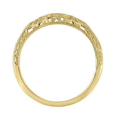 Art Deco Flowers & Wheat Engraved Filigree Wedding Band in 14K or 18K Yellow Gold