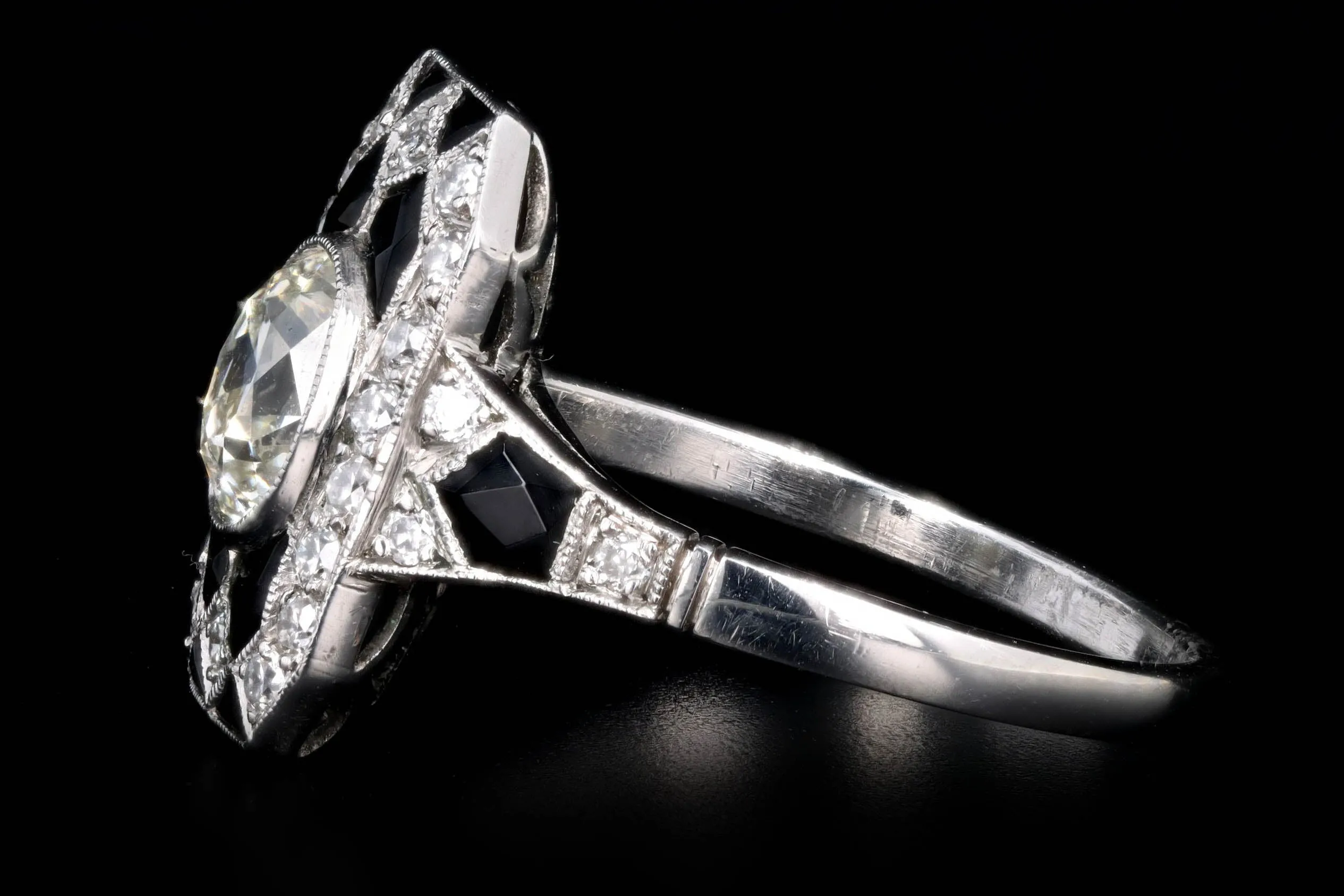 Art Deco Inspired Platinum 0.80 Carat Old European Oval Cut Diamond & Onyx Ring