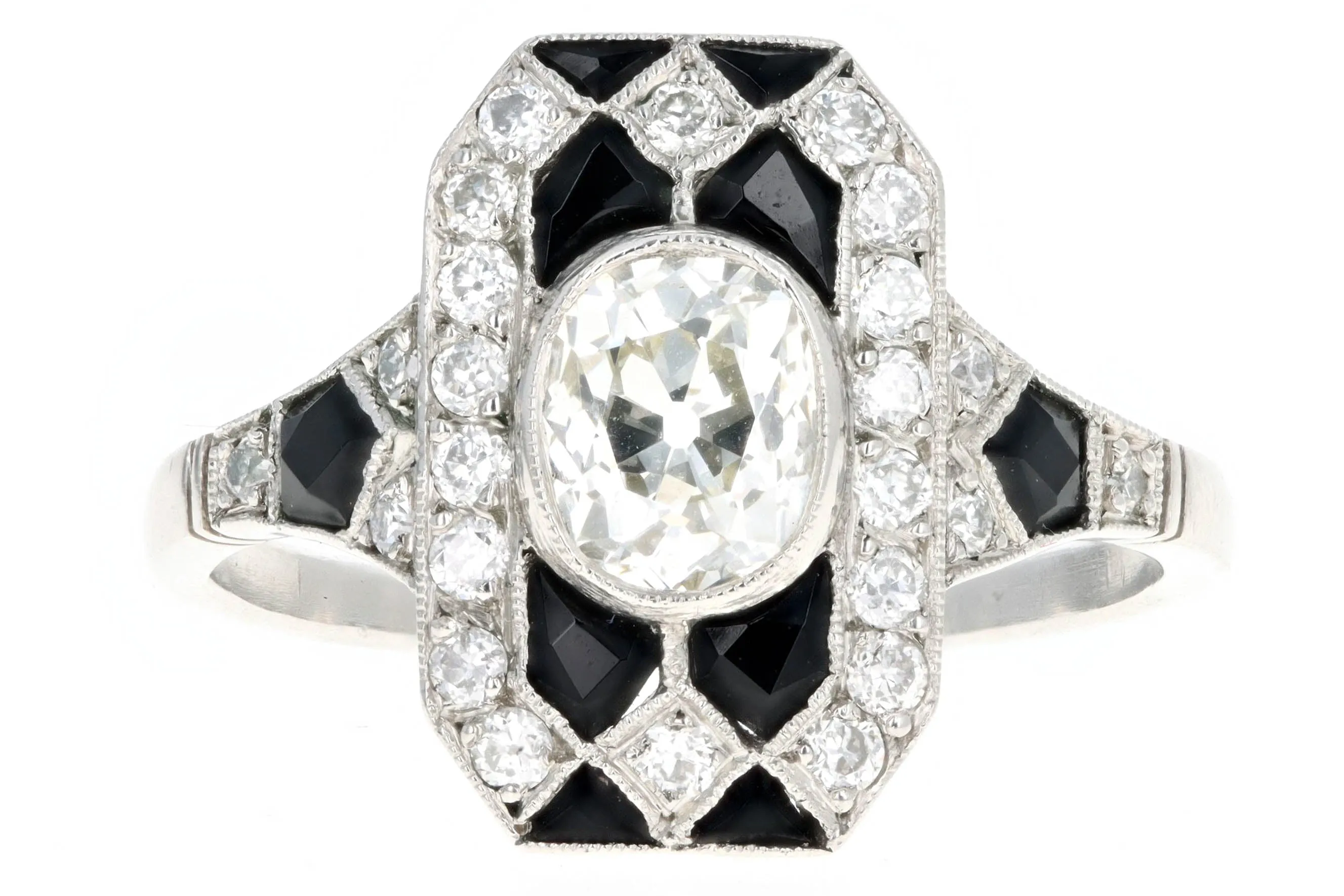 Art Deco Inspired Platinum 0.80 Carat Old European Oval Cut Diamond & Onyx Ring