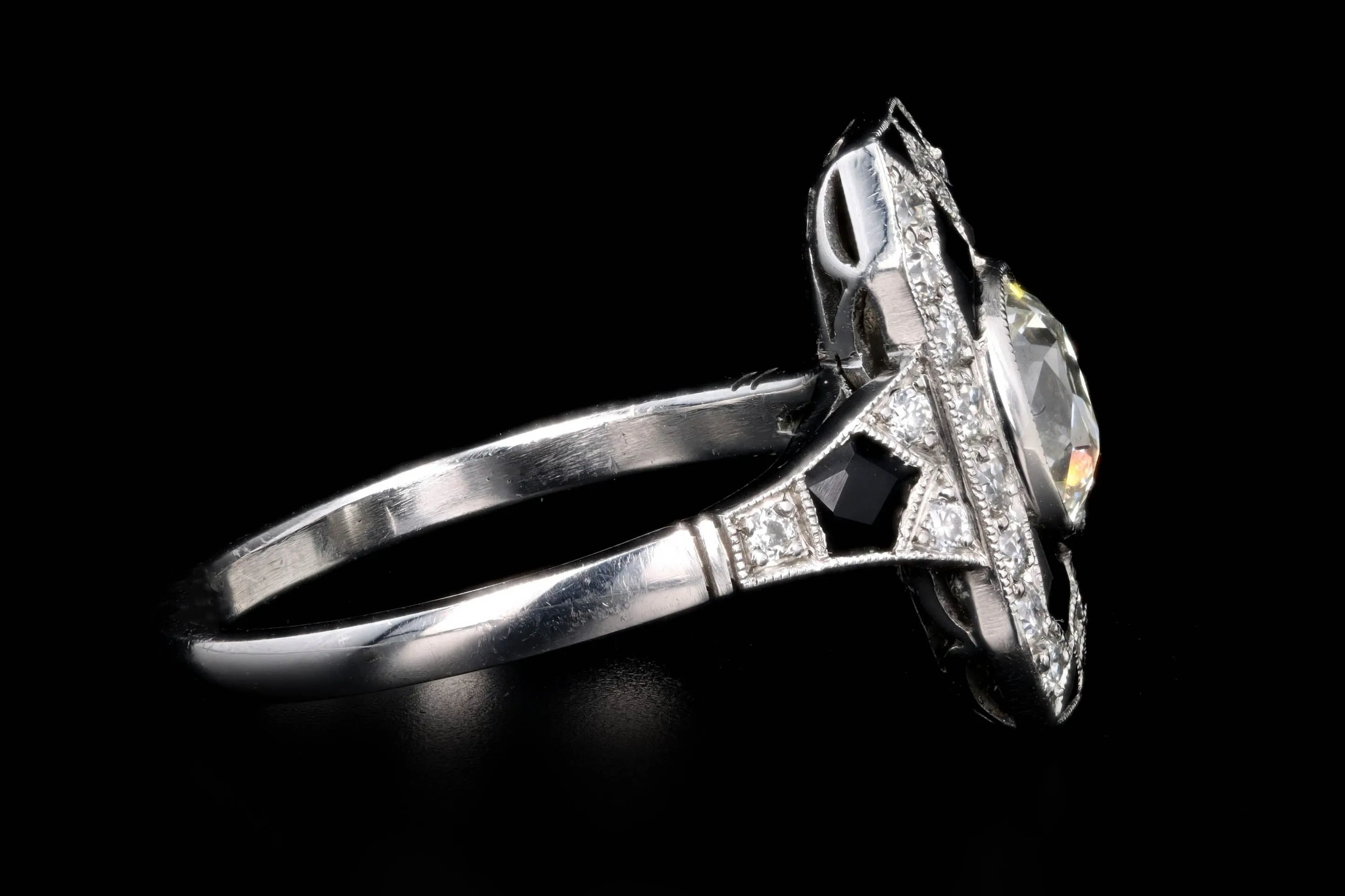 Art Deco Inspired Platinum 0.80 Carat Old European Oval Cut Diamond & Onyx Ring