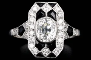 Art Deco Inspired Platinum 0.80 Carat Old European Oval Cut Diamond & Onyx Ring