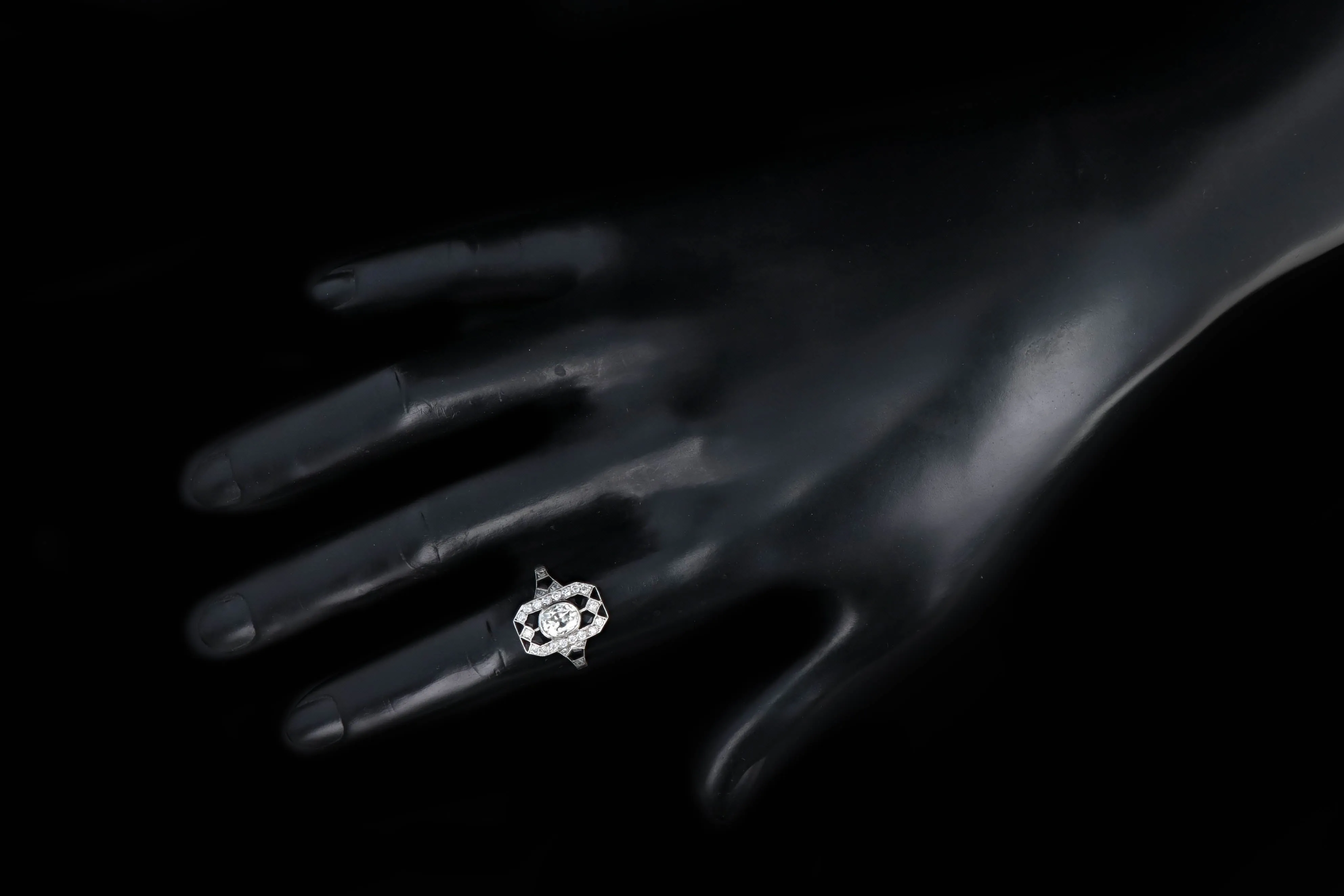 Art Deco Inspired Platinum 0.80 Carat Old European Oval Cut Diamond & Onyx Ring