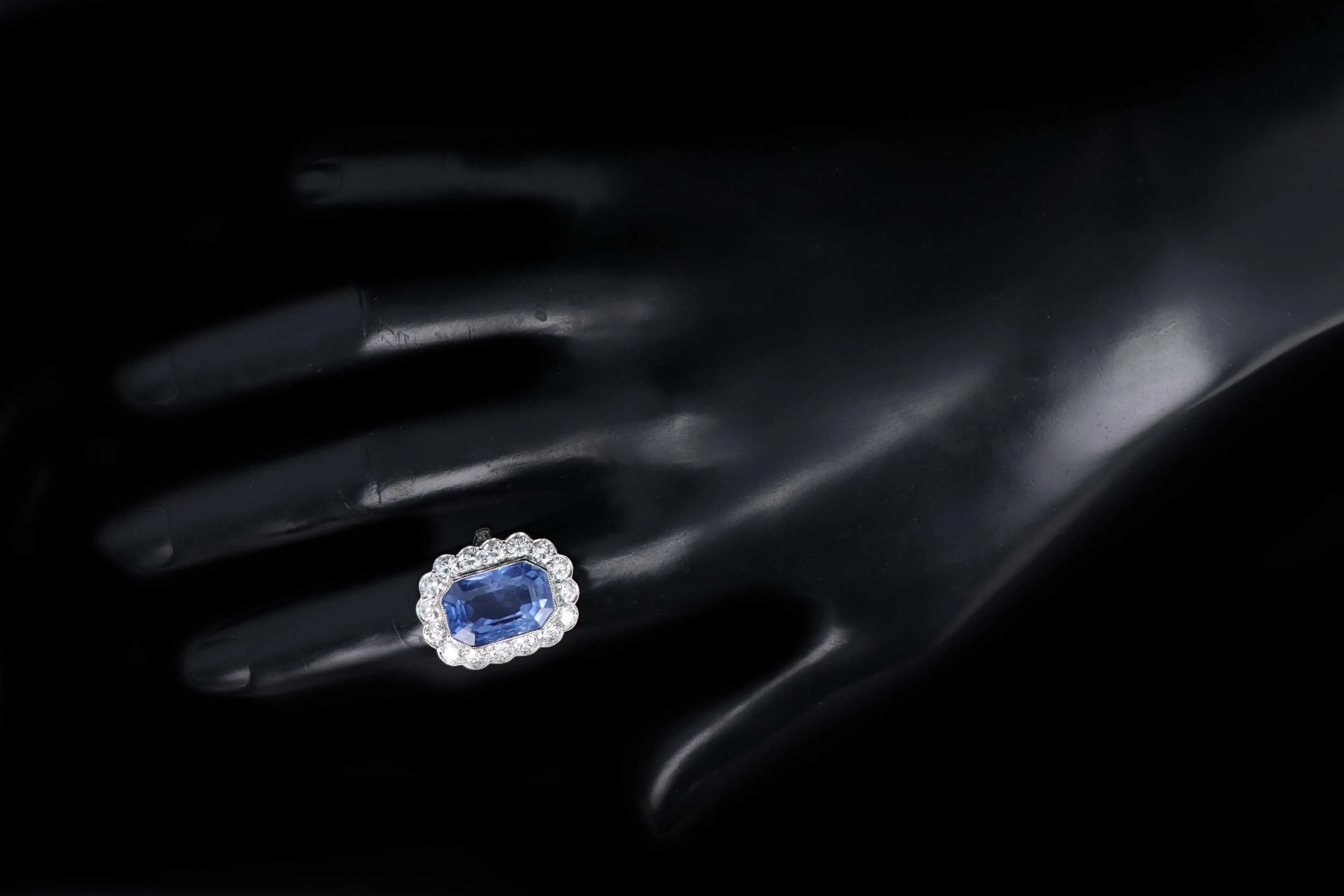 Art Deco Inspired Platinum 13.95 Carat No Heat Ceylon Sapphire & Diamond Halo Cluster Ring AGL Certified