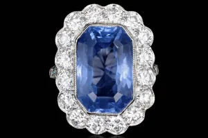 Art Deco Inspired Platinum 13.95 Carat No Heat Ceylon Sapphire & Diamond Halo Cluster Ring AGL Certified