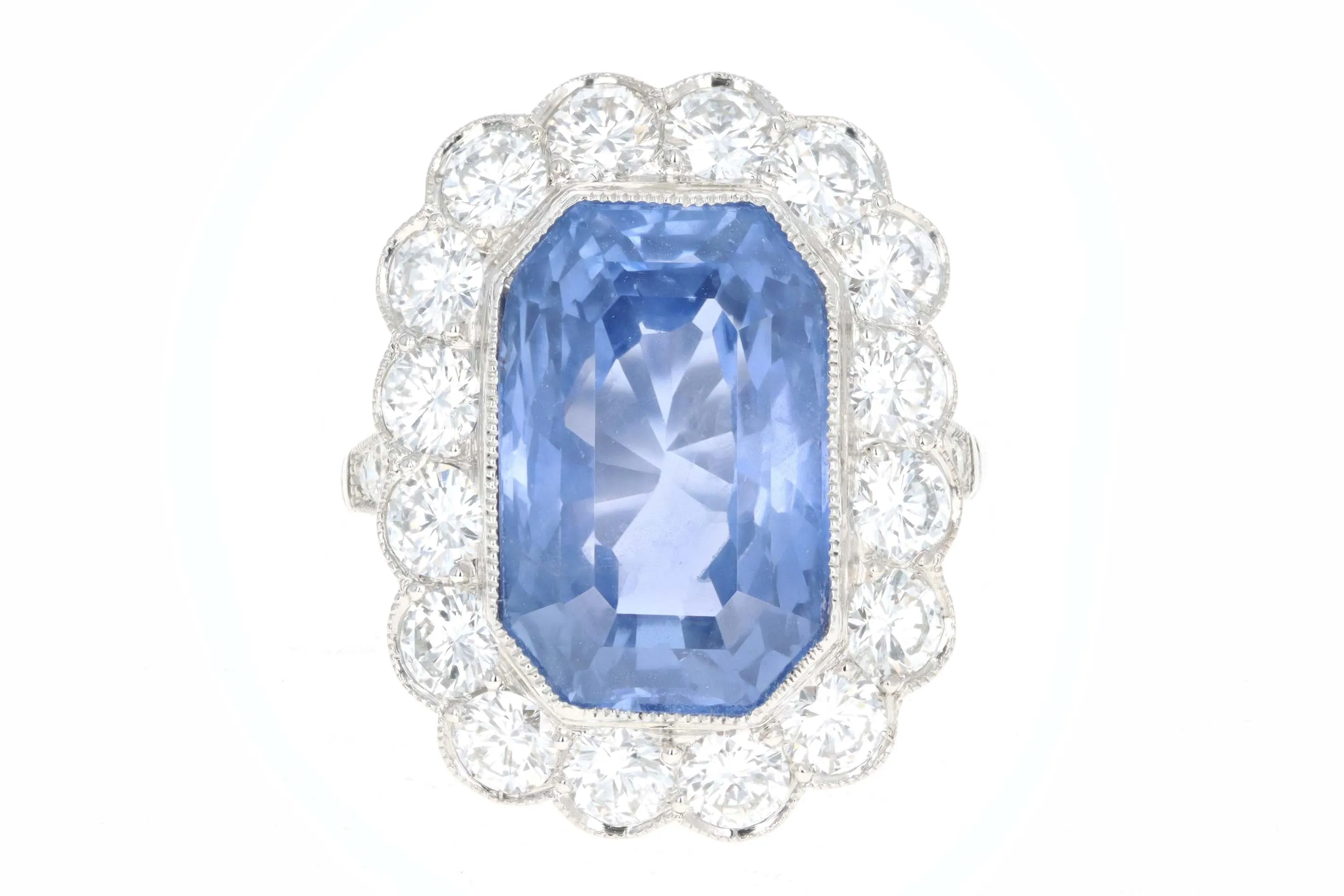 Art Deco Inspired Platinum 13.95 Carat No Heat Ceylon Sapphire & Diamond Halo Cluster Ring AGL Certified