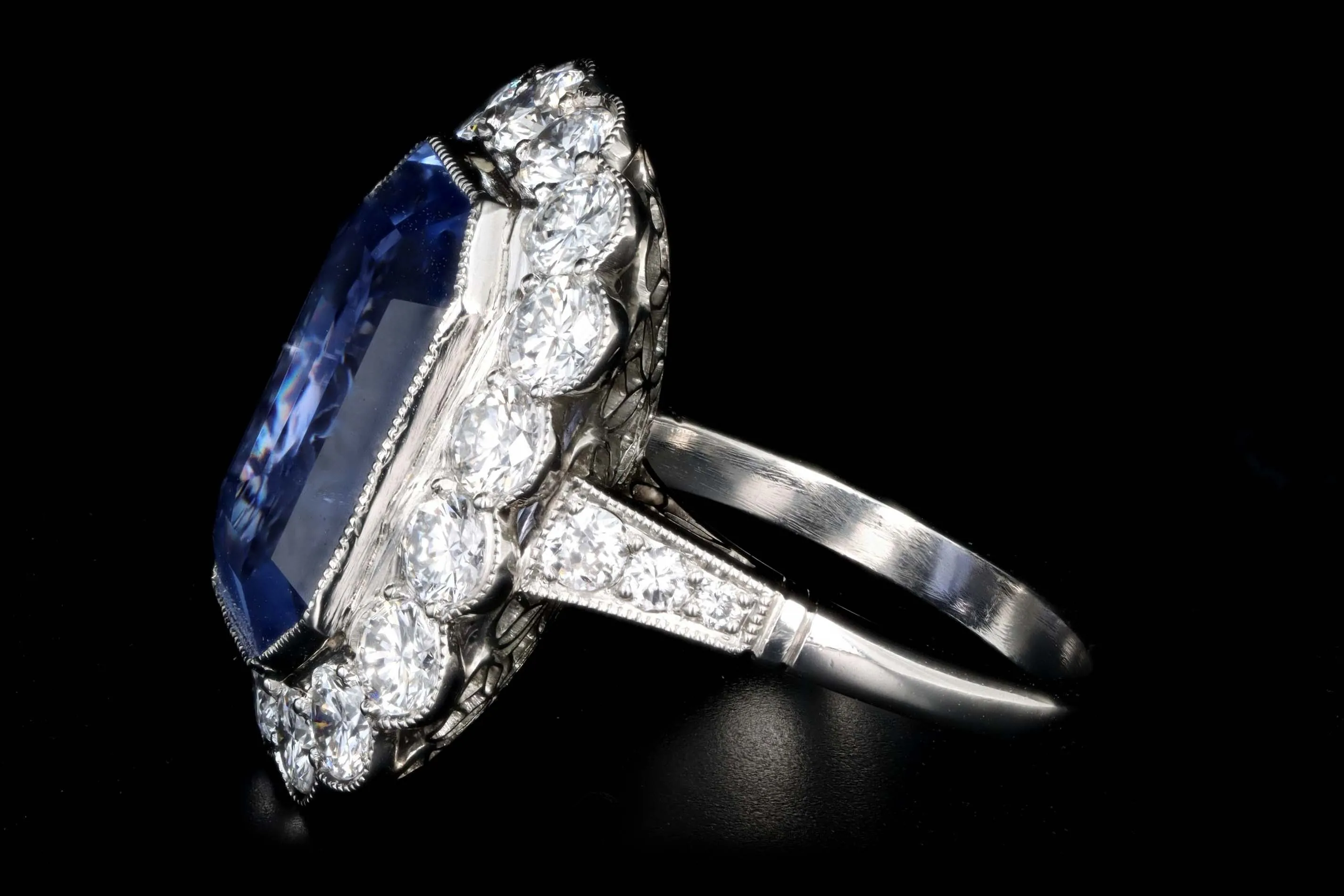 Art Deco Inspired Platinum 13.95 Carat No Heat Ceylon Sapphire & Diamond Halo Cluster Ring AGL Certified