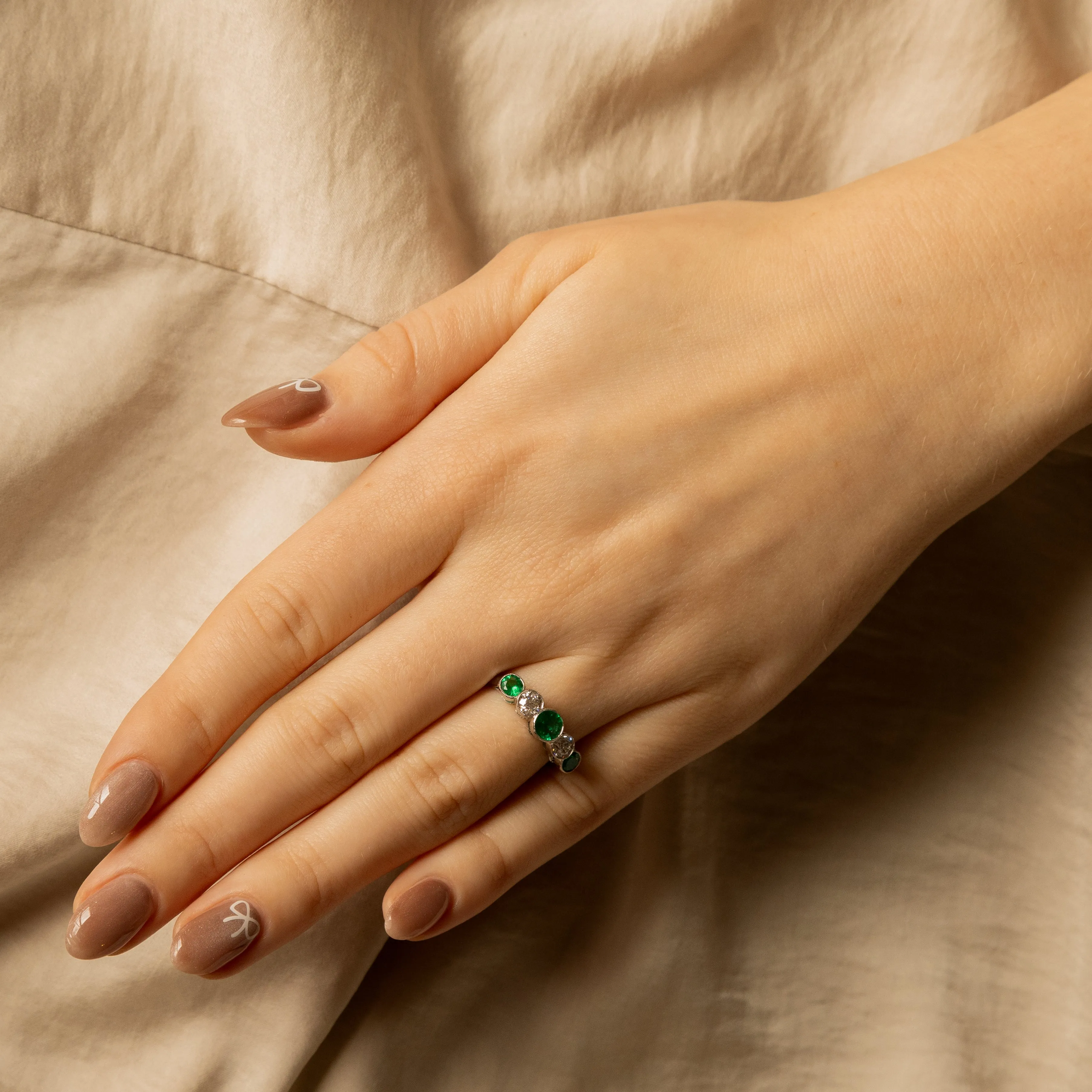 Art Deco Inspired Round Natural Emerald Diamond Five Stone Bezel Ring