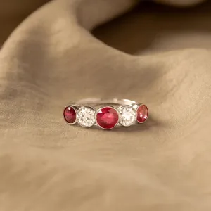 Art Deco Inspired Round Natural Ruby Diamond Five Stone Bezel Ring
