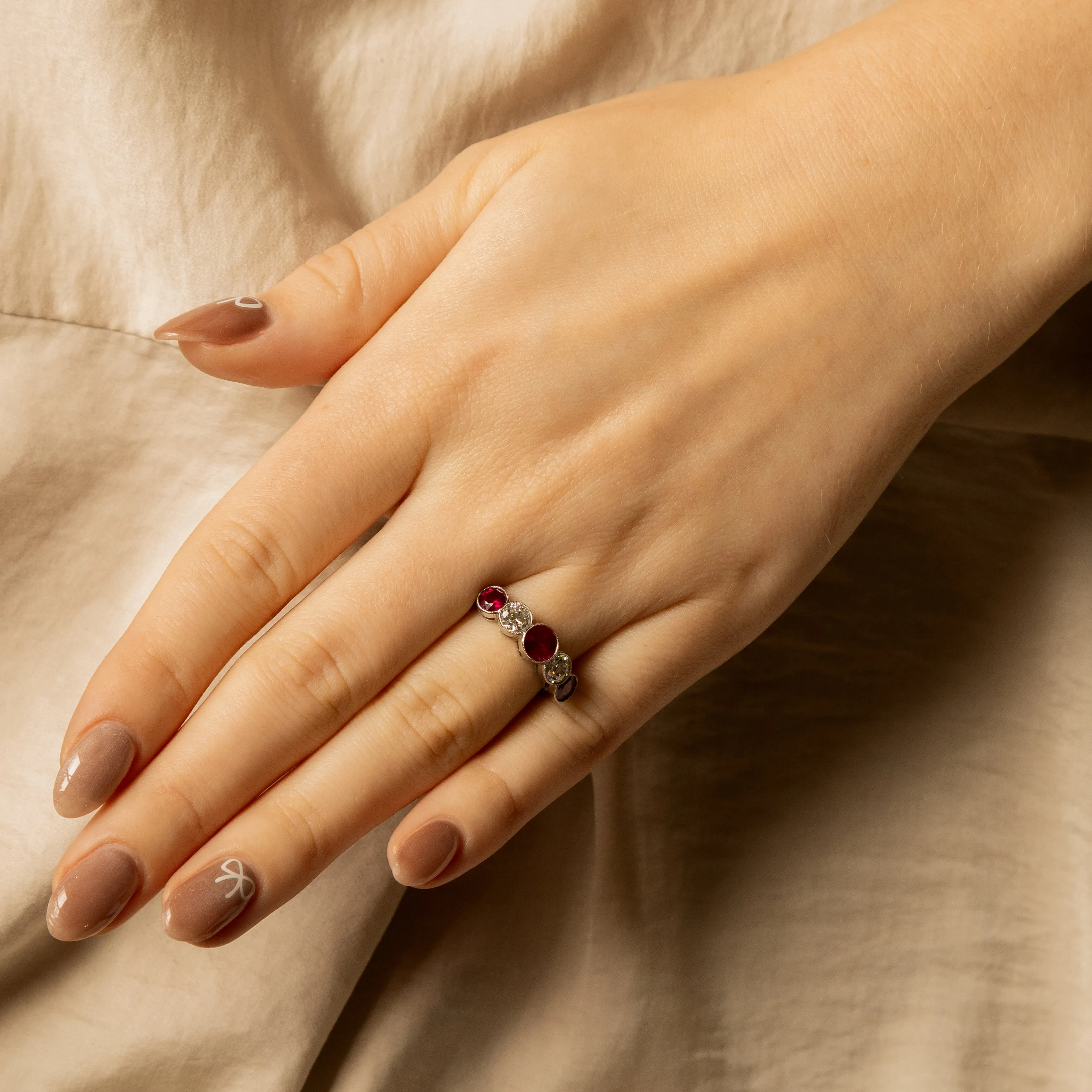Art Deco Inspired Round Natural Ruby Diamond Five Stone Bezel Ring