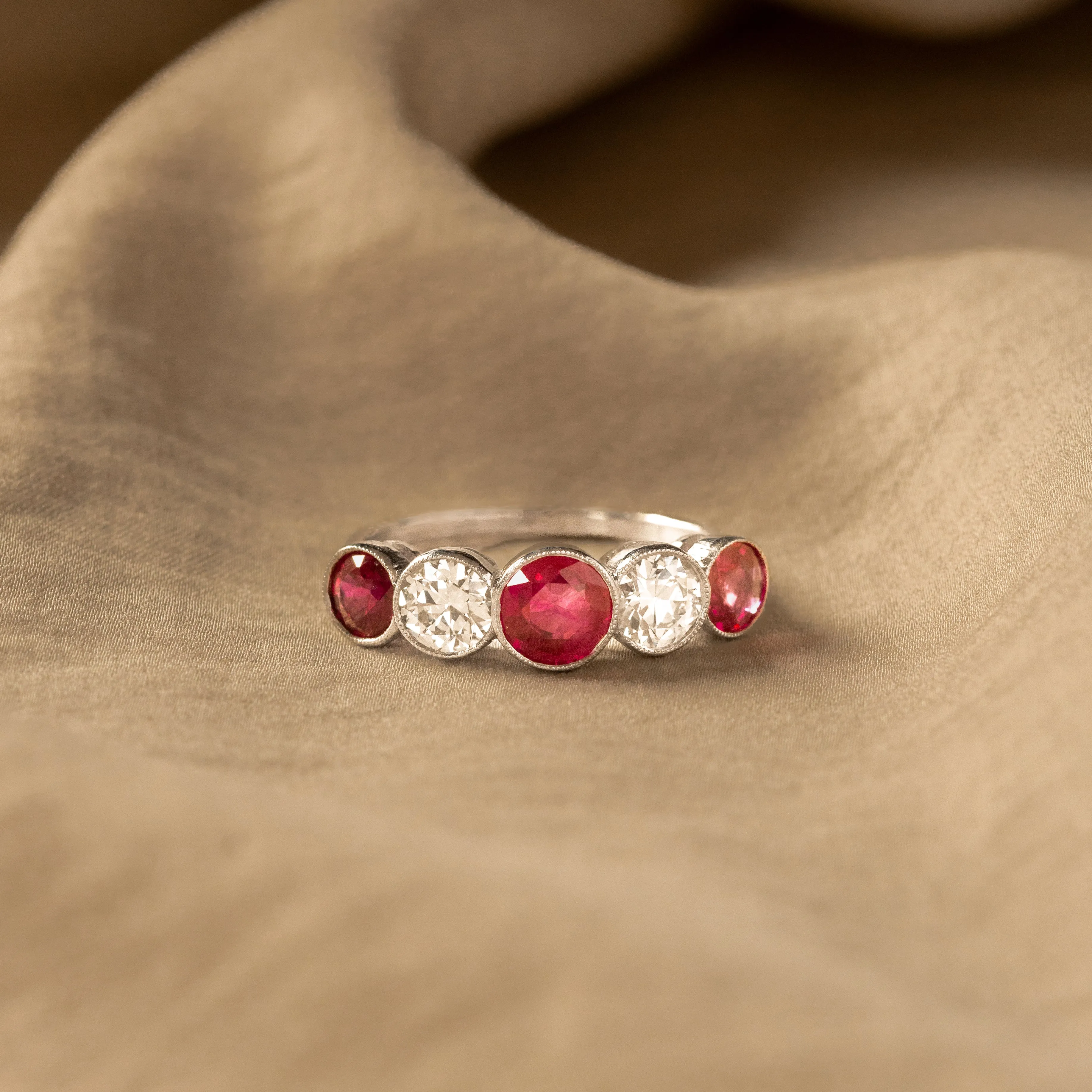 Art Deco Inspired Round Natural Ruby Diamond Five Stone Bezel Ring