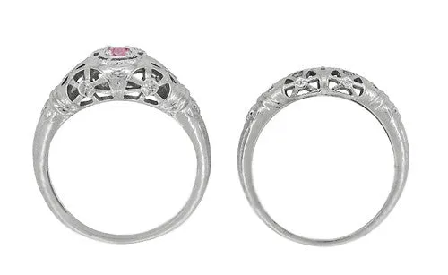 Art Deco Low Dome Platinum Filigree Pink Sapphire Ring