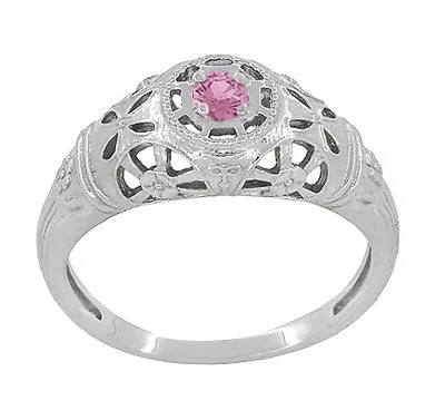 Art Deco Low Dome Platinum Filigree Pink Sapphire Ring