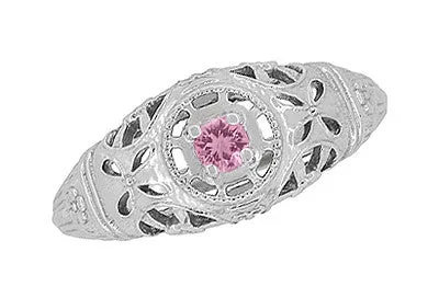 Art Deco Low Dome Platinum Filigree Pink Sapphire Ring