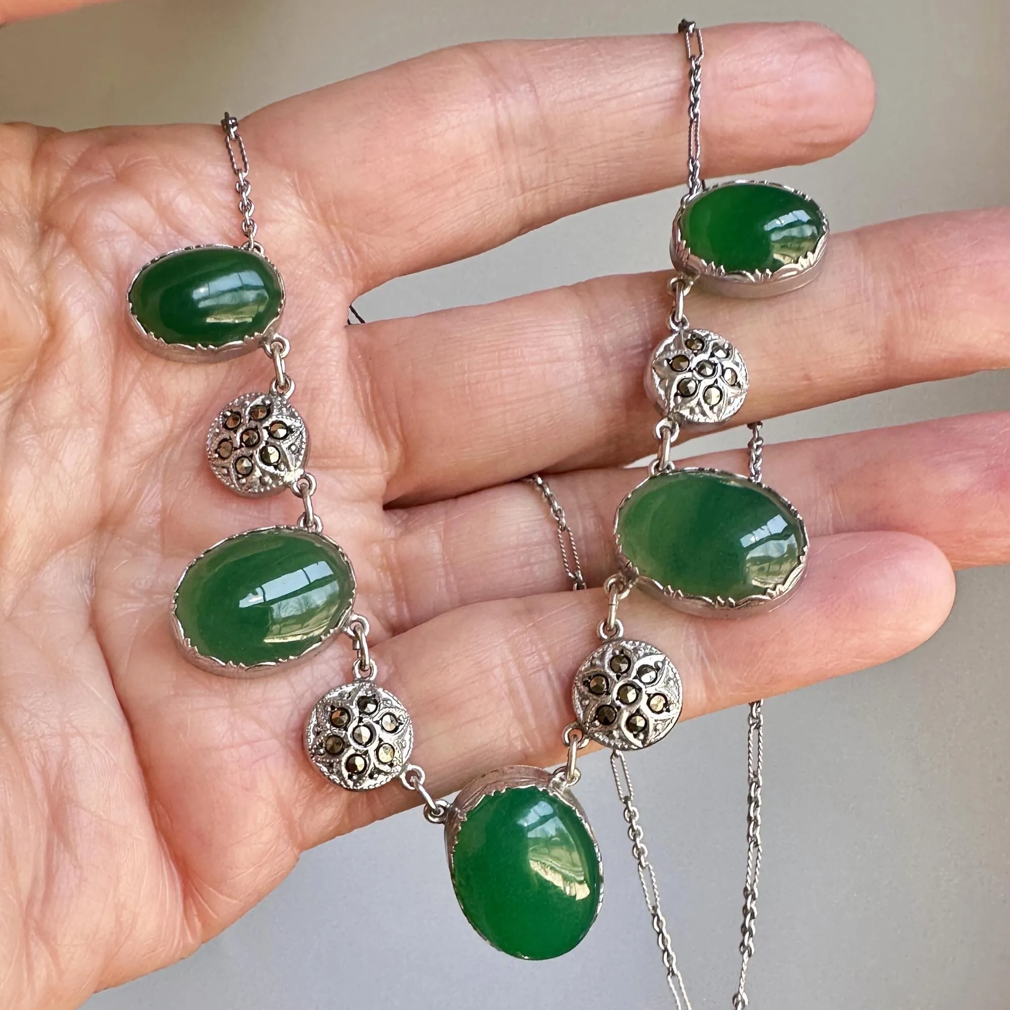 Art Deco Marcasite Green Chrysoprase Chalcedony Necklace