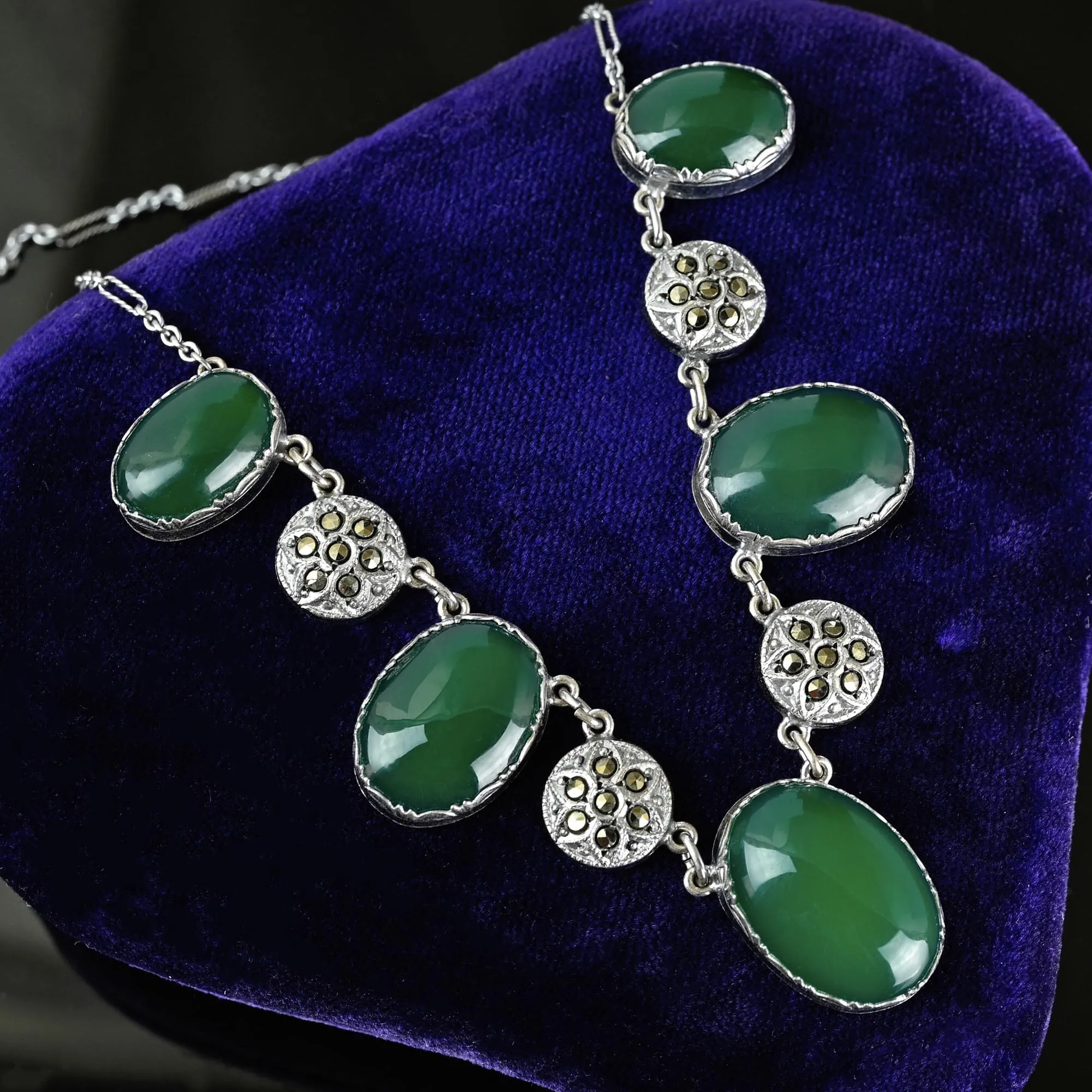 Art Deco Marcasite Green Chrysoprase Chalcedony Necklace