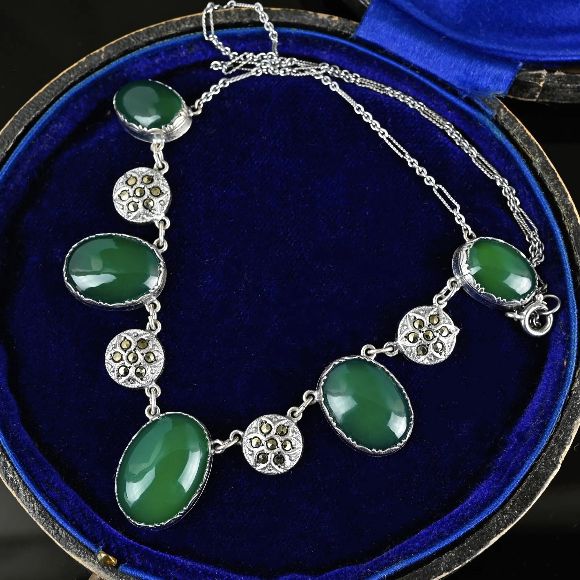 Art Deco Marcasite Green Chrysoprase Chalcedony Necklace