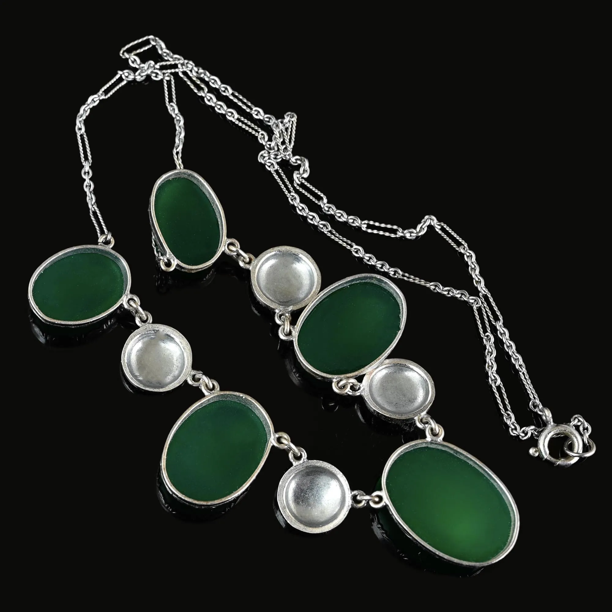 Art Deco Marcasite Green Chrysoprase Chalcedony Necklace