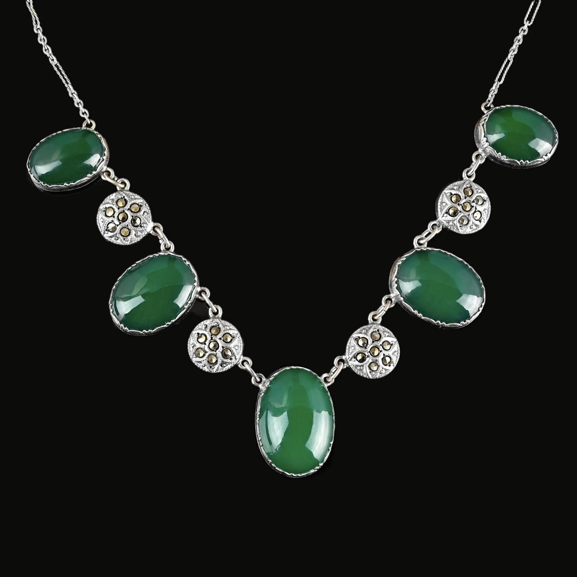 Art Deco Marcasite Green Chrysoprase Chalcedony Necklace