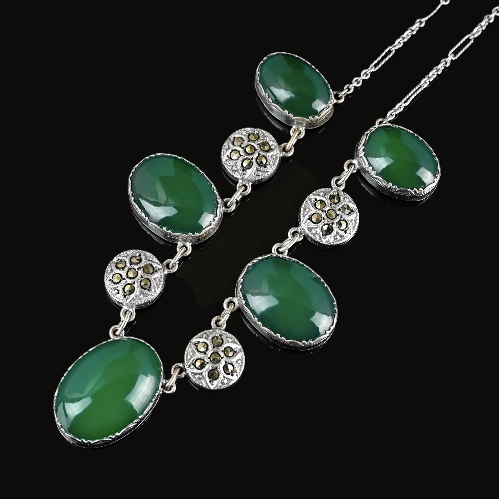 Art Deco Marcasite Green Chrysoprase Chalcedony Necklace
