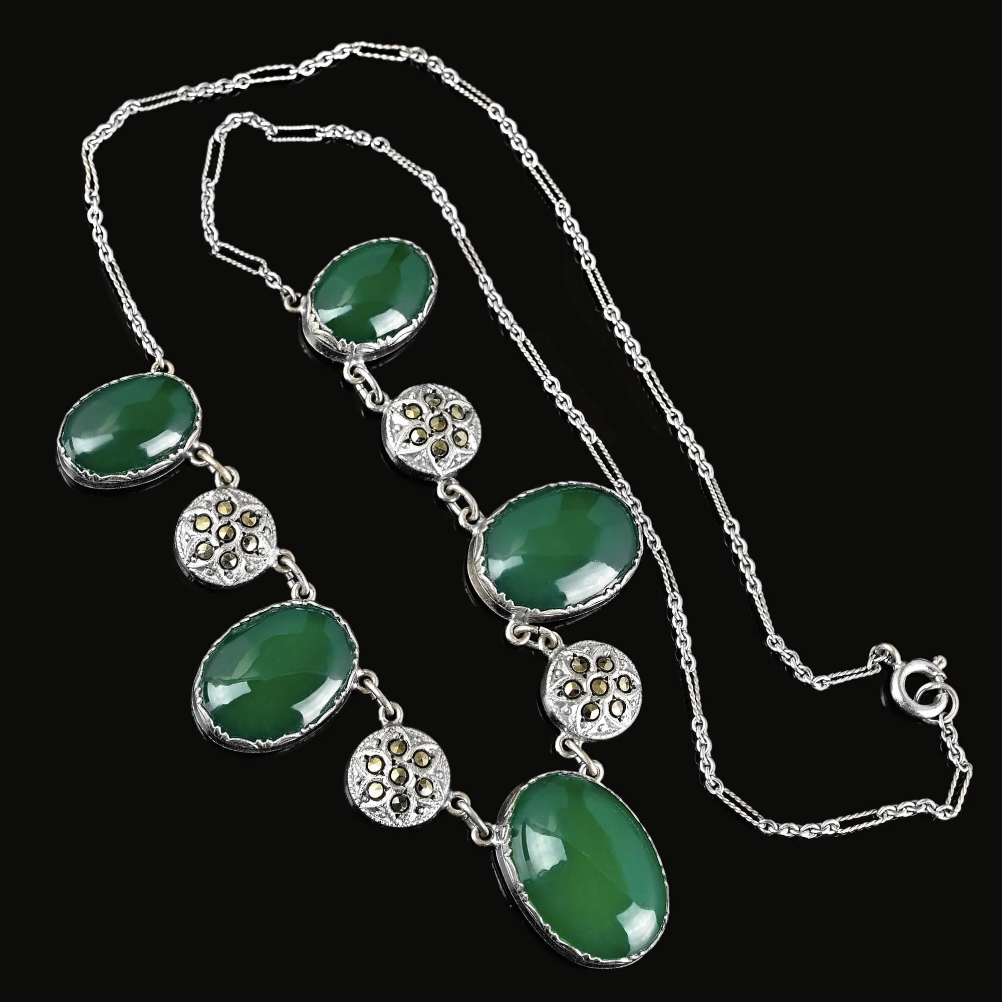 Art Deco Marcasite Green Chrysoprase Chalcedony Necklace