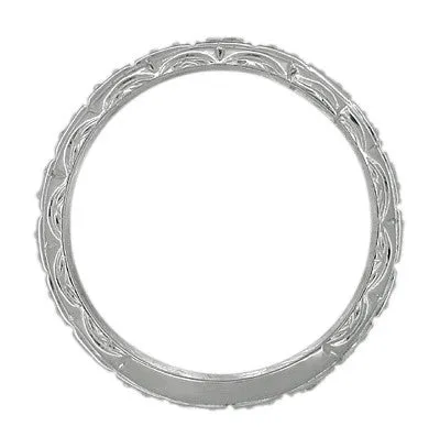Art Deco Niantic Enrgaved Platinum Straightline Vintage Diamond Wedding Band - Size 9
