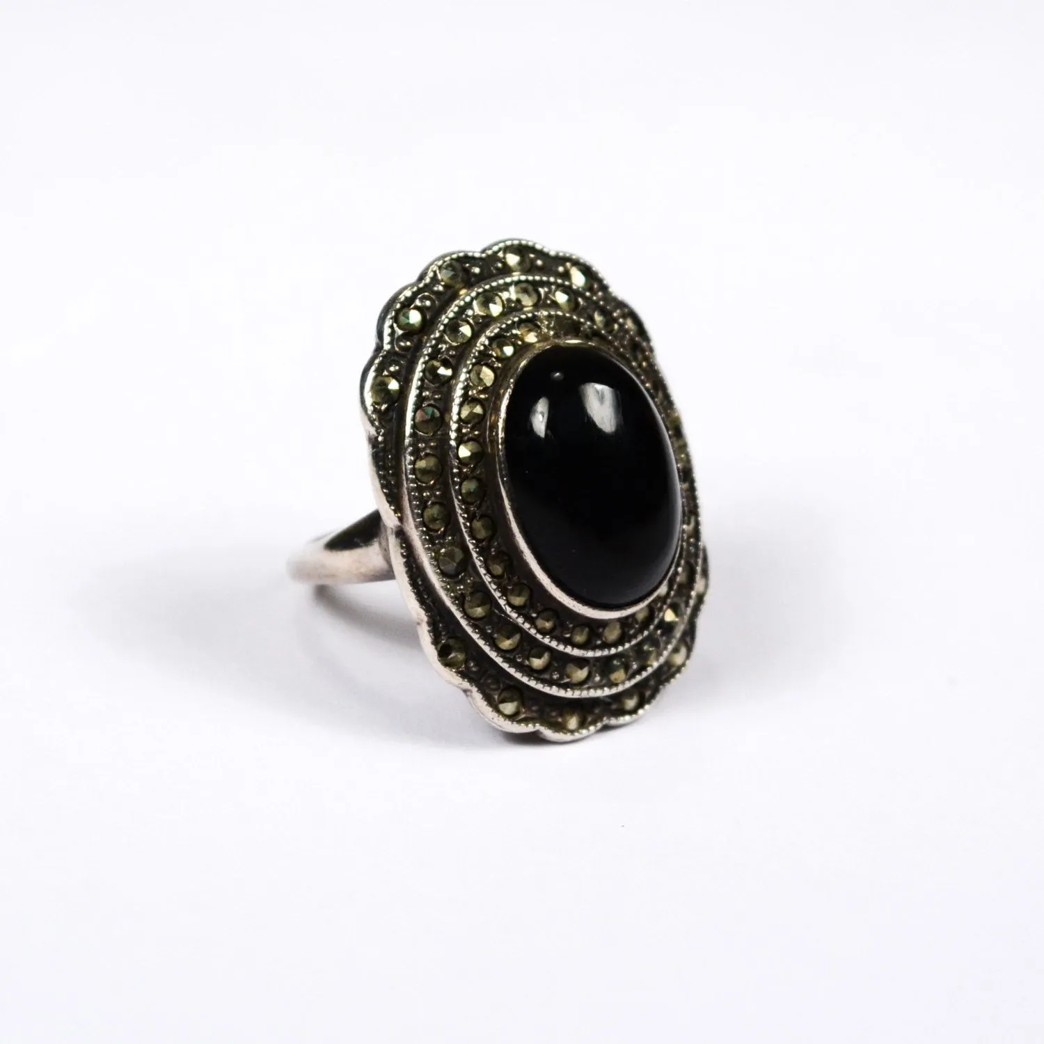 Art Deco Onyx and Marcasite Ring set in Sterling Silver