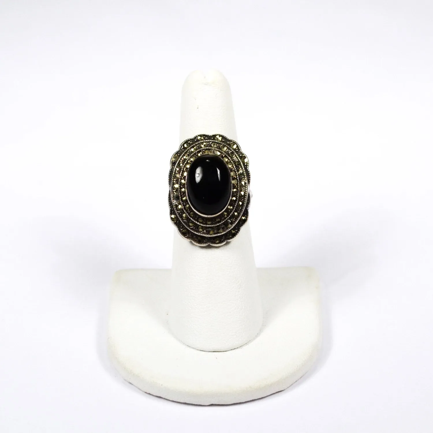 Art Deco Onyx and Marcasite Ring set in Sterling Silver