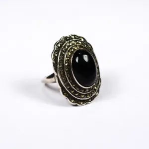 Art Deco Onyx and Marcasite Ring set in Sterling Silver