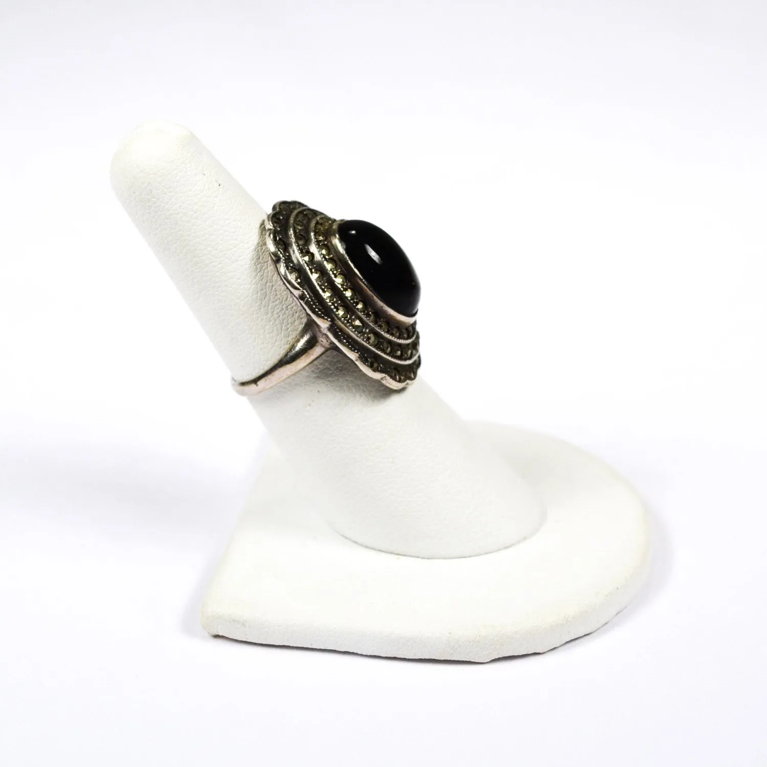 Art Deco Onyx and Marcasite Ring set in Sterling Silver