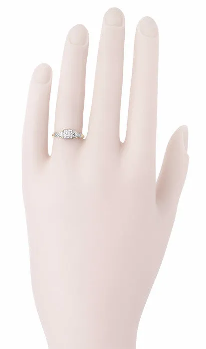 Art Deco Pansy Flowers Mixed Metals Vintage Diamond Engagement Ring in 14K Two Tone White & Yellow Gold