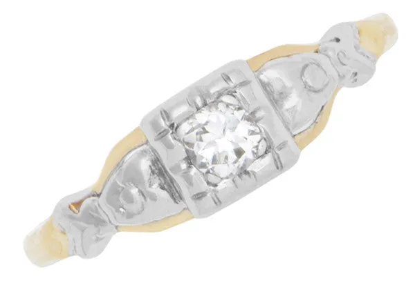 Art Deco Pansy Flowers Mixed Metals Vintage Diamond Engagement Ring in 14K Two Tone White & Yellow Gold
