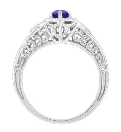 Art Deco Platinum Vintage Engraved Filigree Engagement Ring with Sapphire and Diamonds
