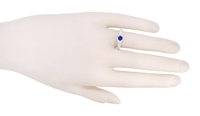 Art Deco Platinum Vintage Engraved Filigree Engagement Ring with Sapphire and Diamonds