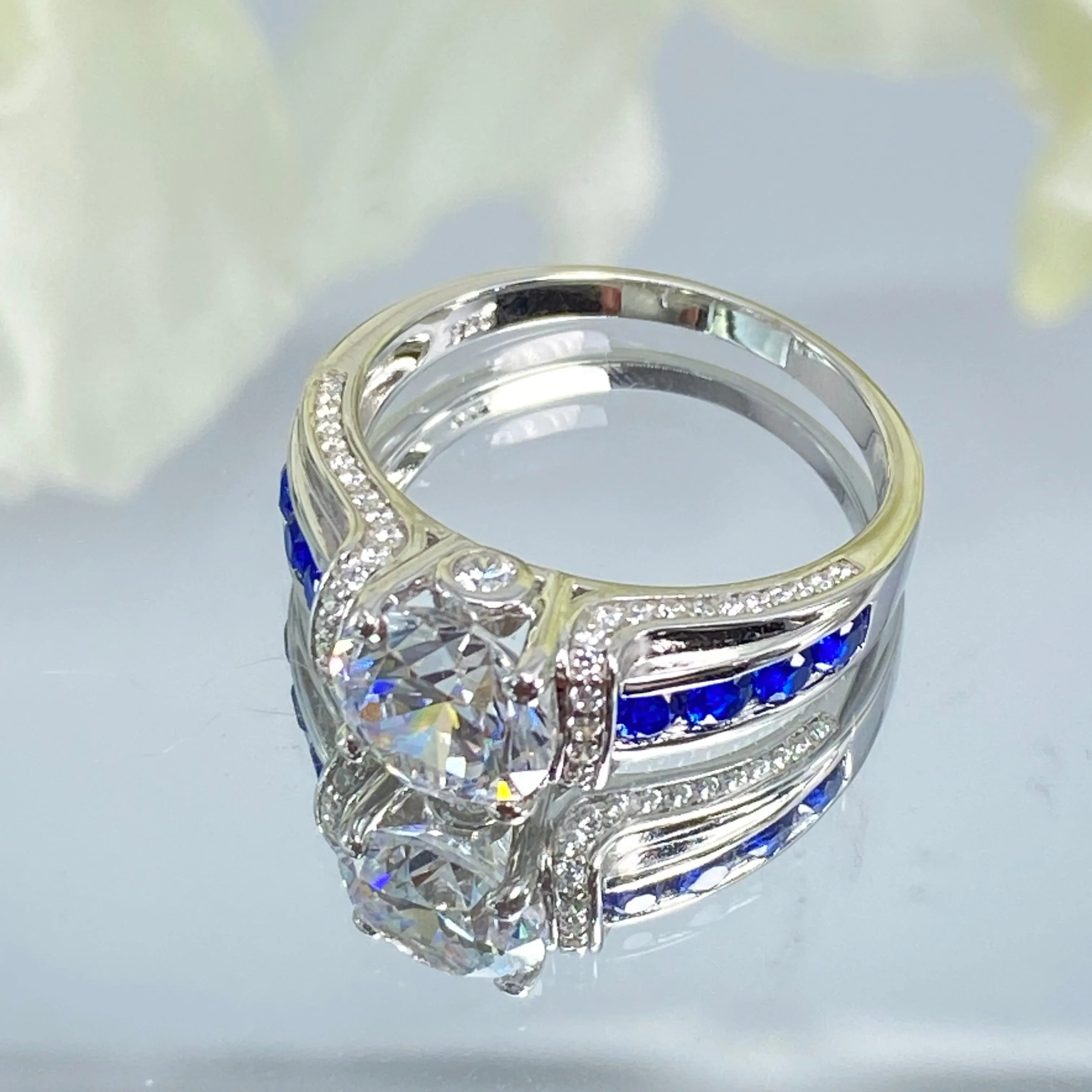 Art Deco Ring, Natural White Topaz or White CZ Gem with Inlaid Blue Sapphire Gems, Vintage style Jewelry #D220