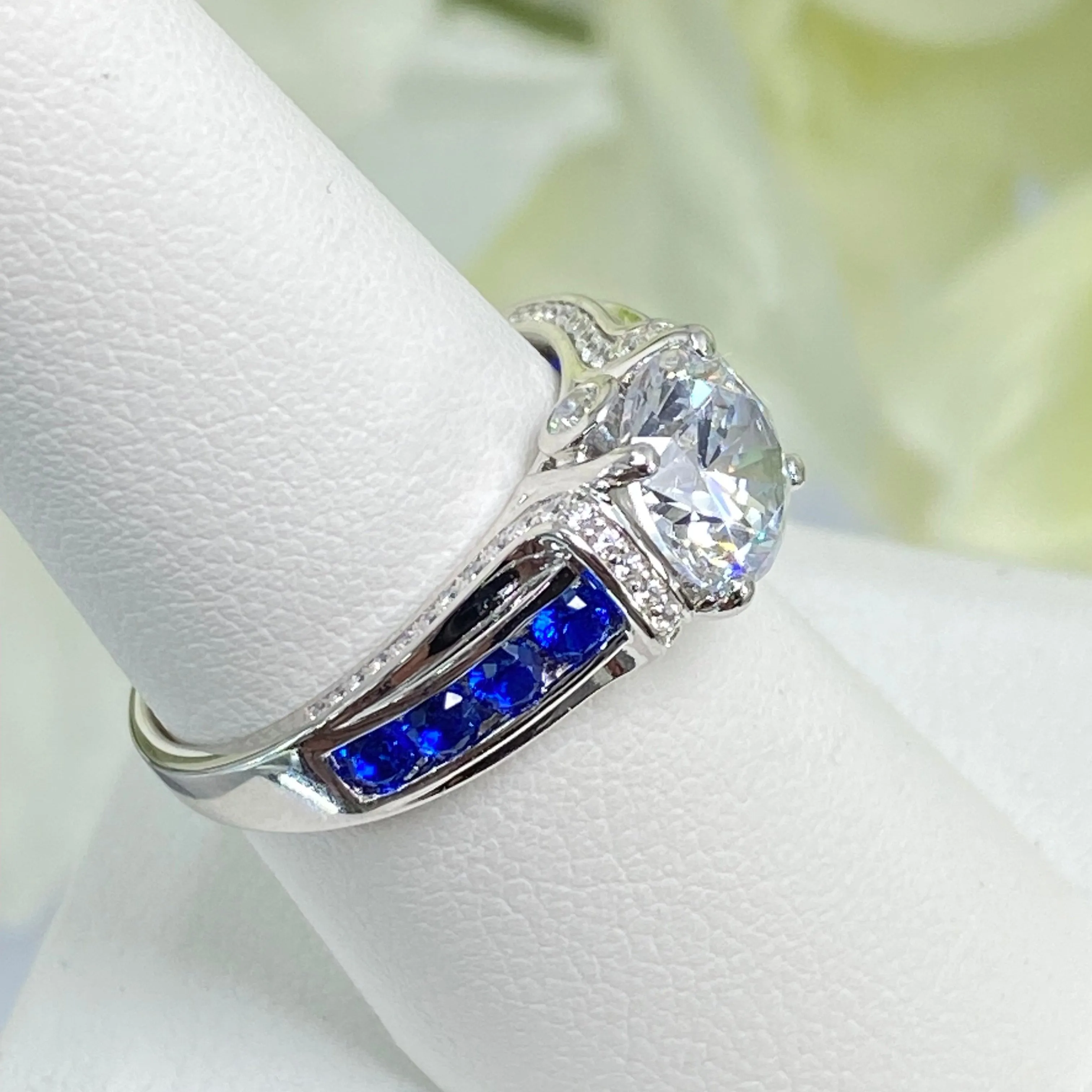 Art Deco Ring, Natural White Topaz or White CZ Gem with Inlaid Blue Sapphire Gems, Vintage style Jewelry #D220
