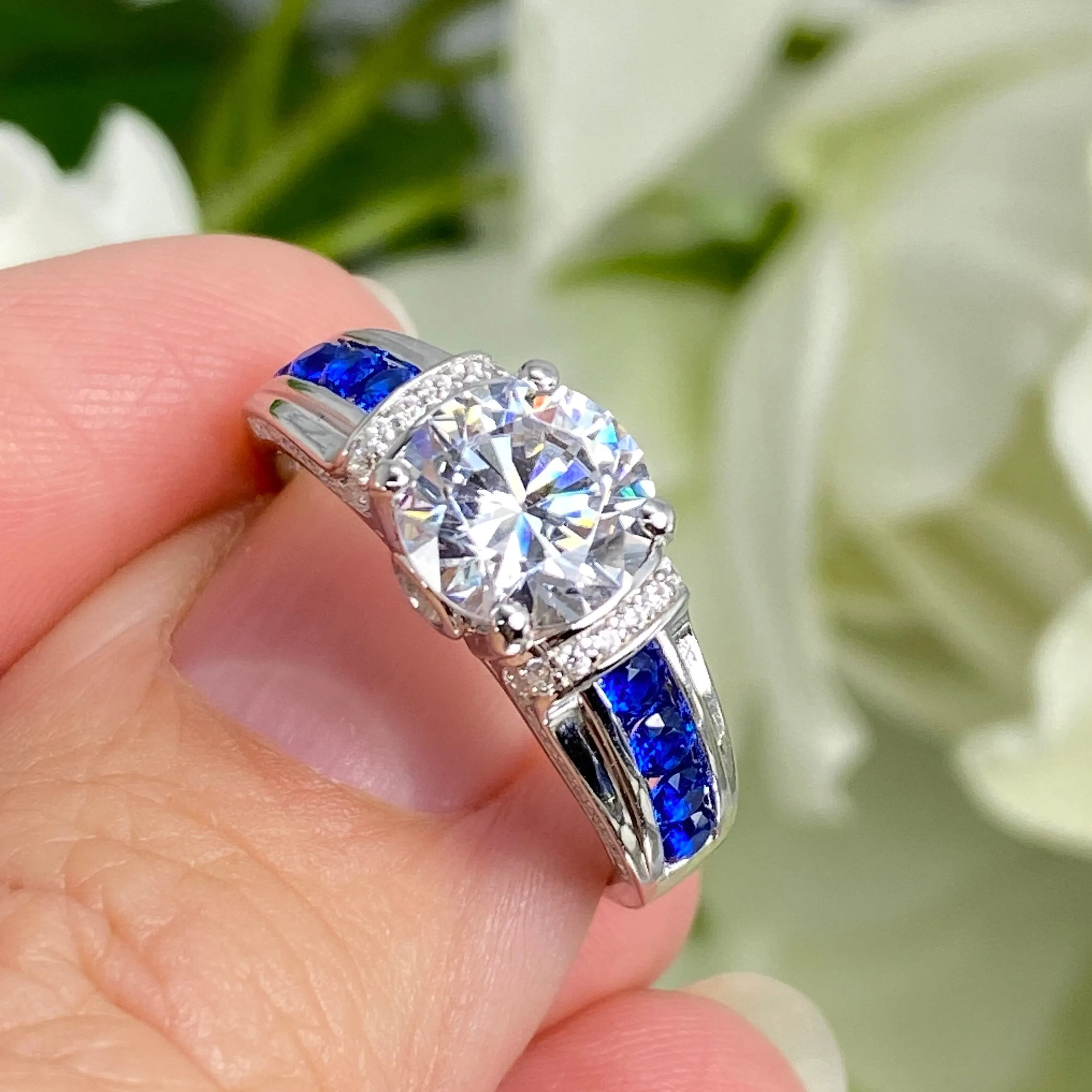 Art Deco Ring, Natural White Topaz or White CZ Gem with Inlaid Blue Sapphire Gems, Vintage style Jewelry #D220
