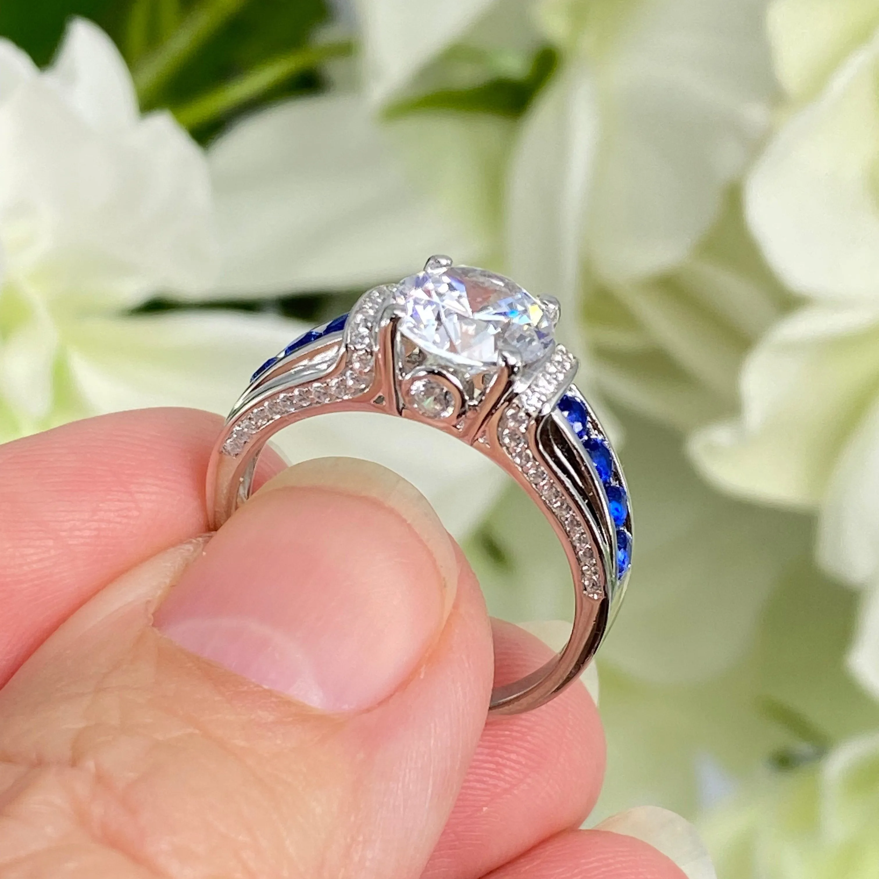 Art Deco Ring, Natural White Topaz or White CZ Gem with Inlaid Blue Sapphire Gems, Vintage style Jewelry #D220