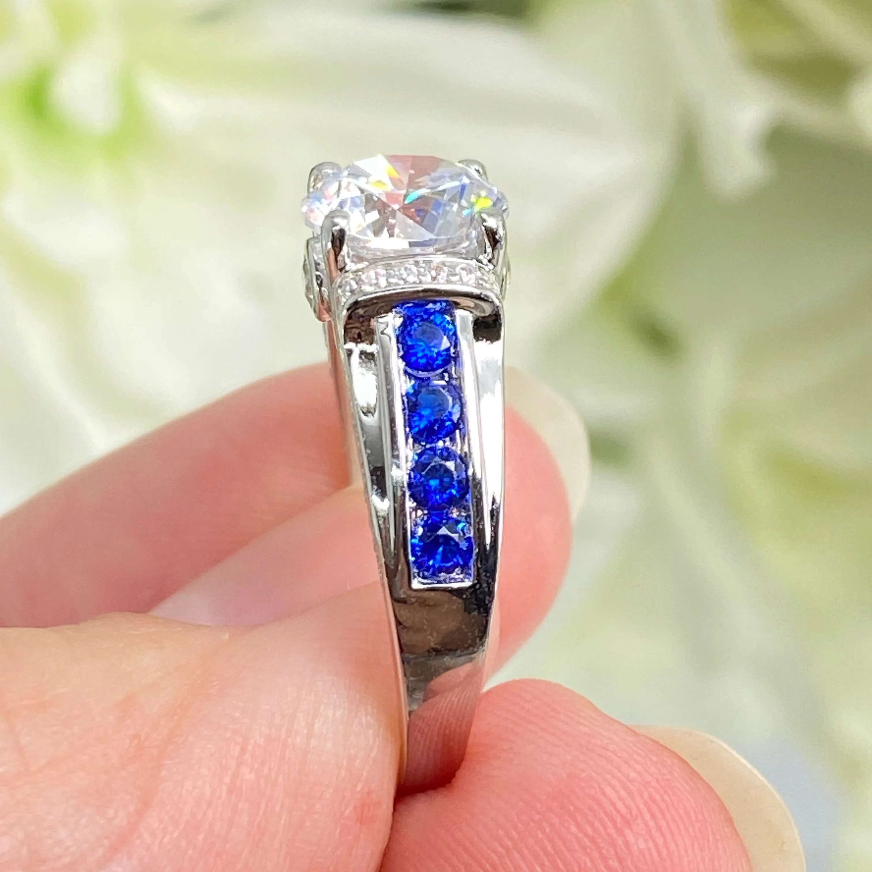 Art Deco Ring, Natural White Topaz or White CZ Gem with Inlaid Blue Sapphire Gems, Vintage style Jewelry #D220