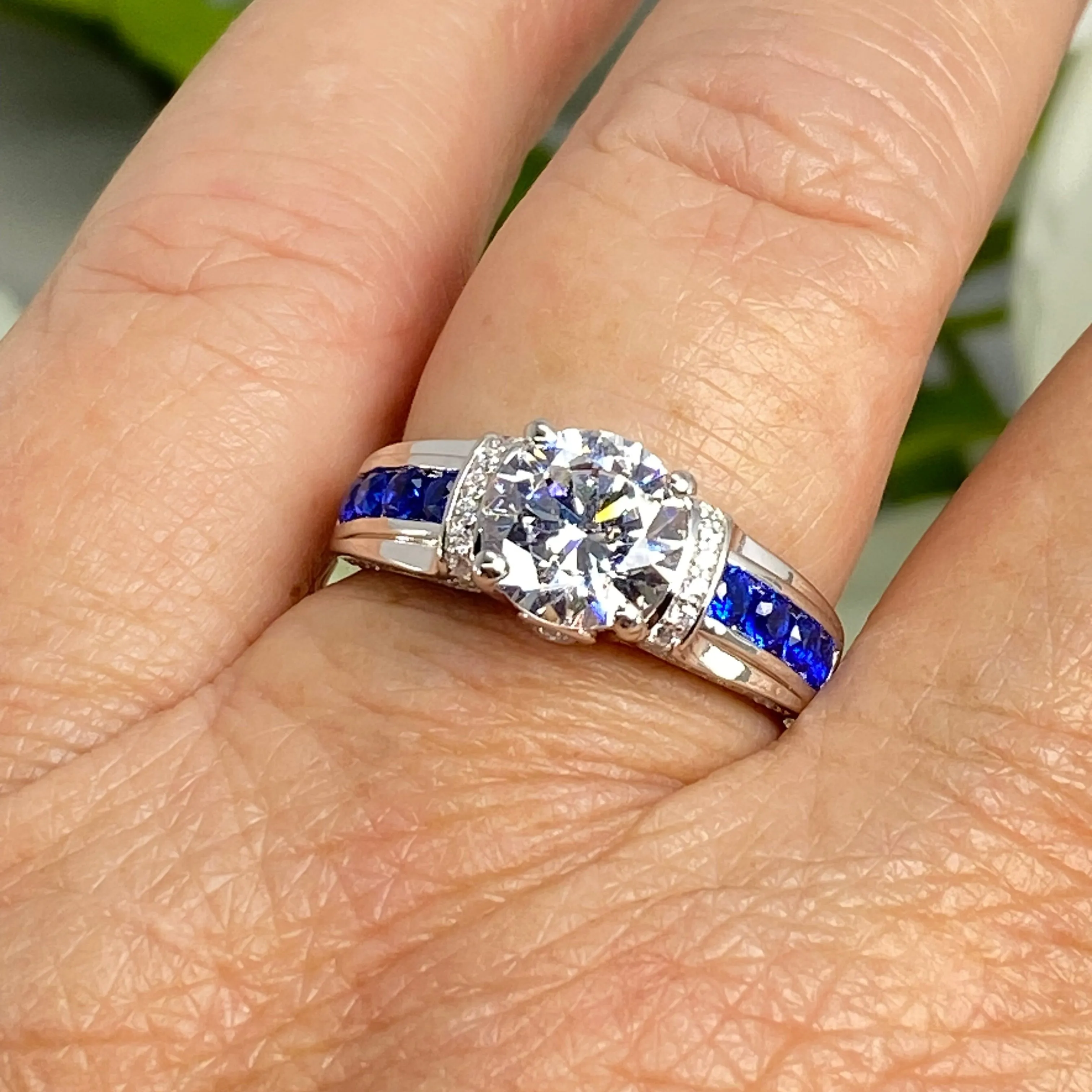 Art Deco Ring, Natural White Topaz or White CZ Gem with Inlaid Blue Sapphire Gems, Vintage style Jewelry #D220
