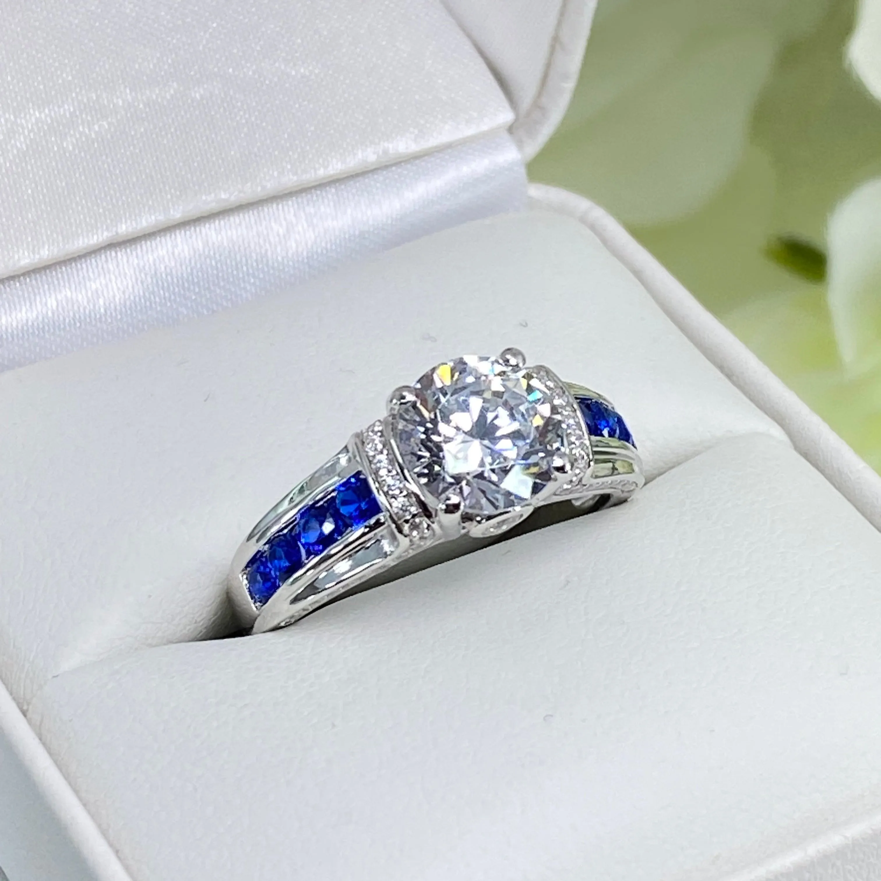 Art Deco Ring, Natural White Topaz or White CZ Gem with Inlaid Blue Sapphire Gems, Vintage style Jewelry #D220