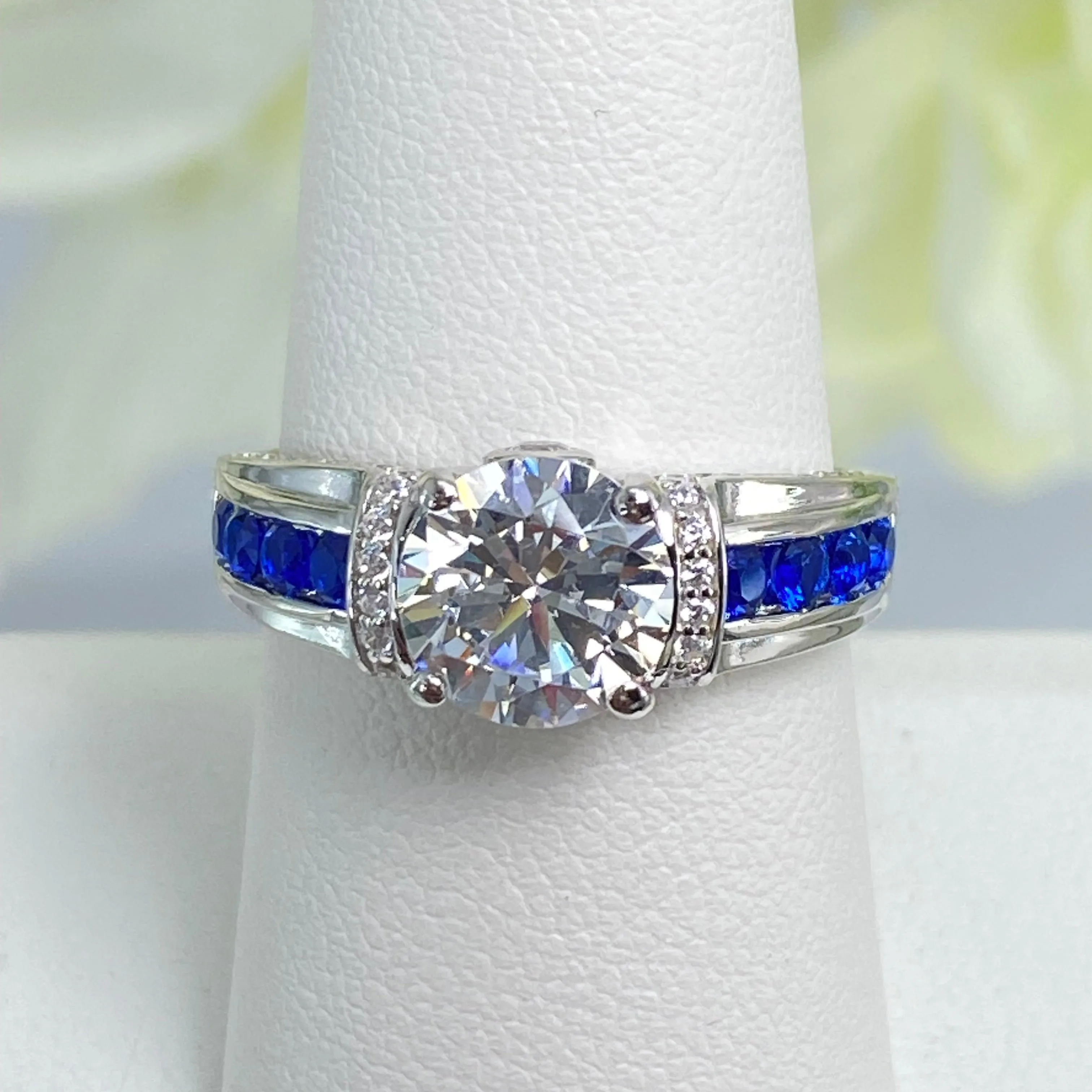 Art Deco Ring, Natural White Topaz or White CZ Gem with Inlaid Blue Sapphire Gems, Vintage style Jewelry #D220