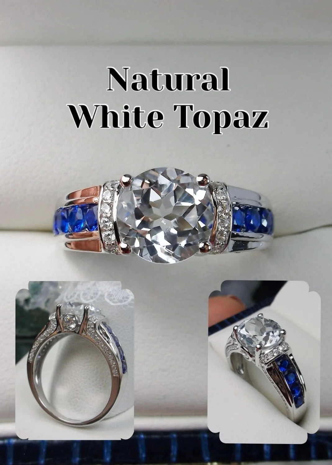 Art Deco Ring, Natural White Topaz or White CZ Gem with Inlaid Blue Sapphire Gems, Vintage style Jewelry #D220
