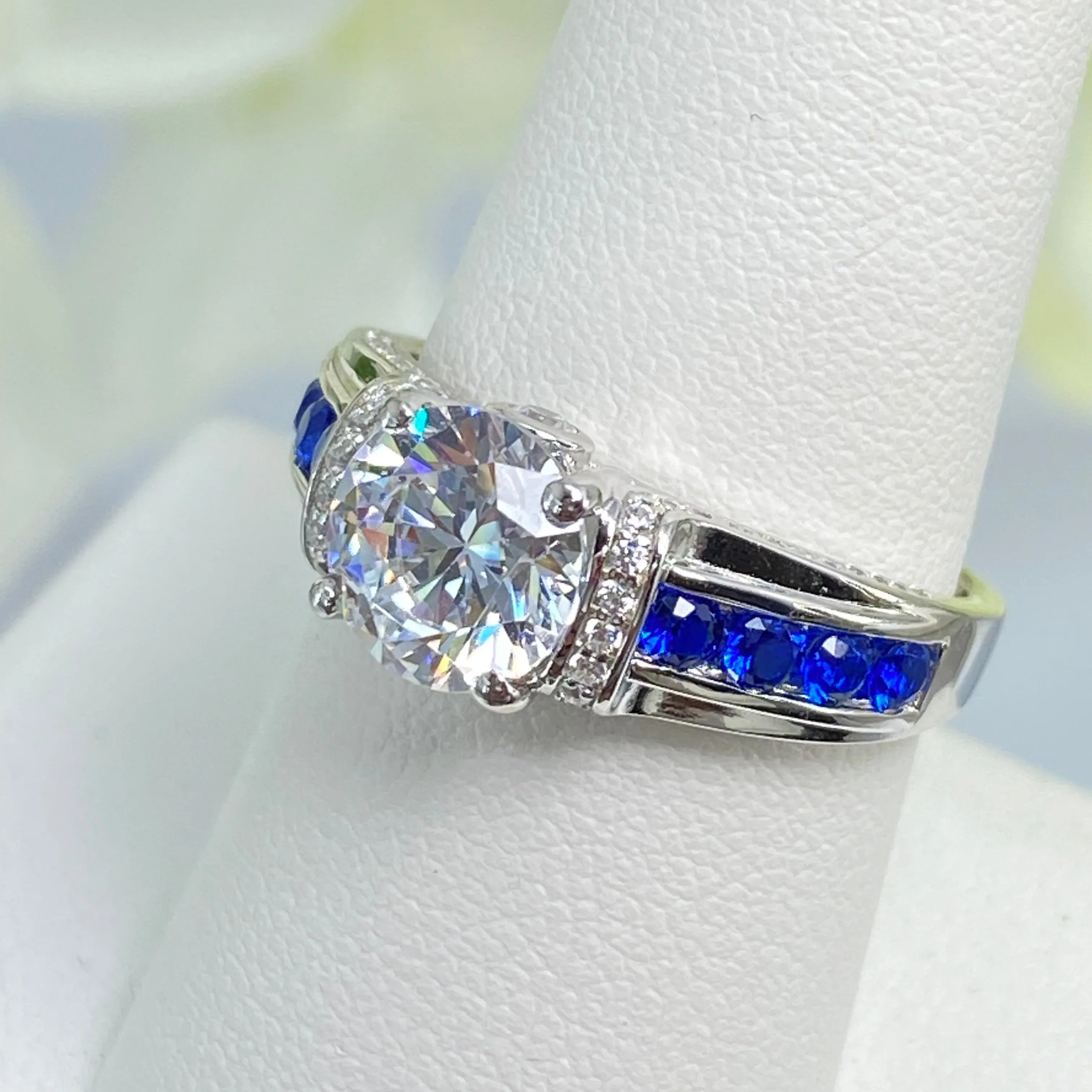 Art Deco Ring, Natural White Topaz or White CZ Gem with Inlaid Blue Sapphire Gems, Vintage style Jewelry #D220