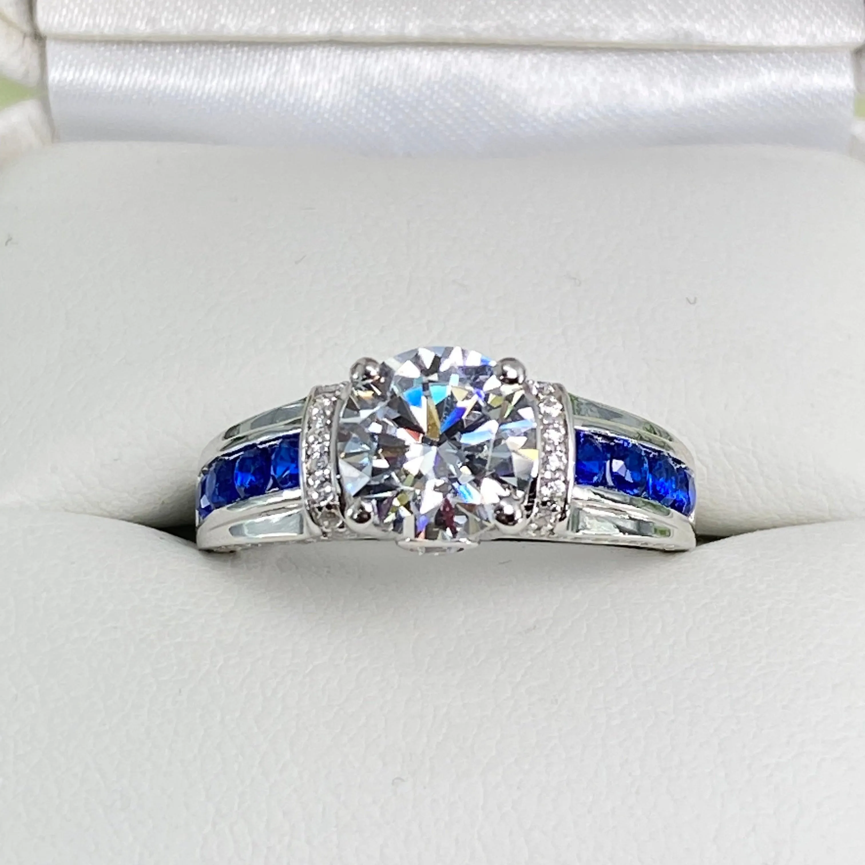 Art Deco Ring, Natural White Topaz or White CZ Gem with Inlaid Blue Sapphire Gems, Vintage style Jewelry #D220